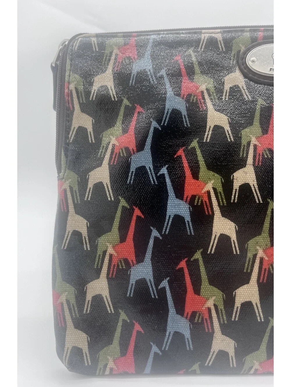 Fossil Key-Per Leather Giraffe Print Zip Pouch Makeup Bag Travel Organizer